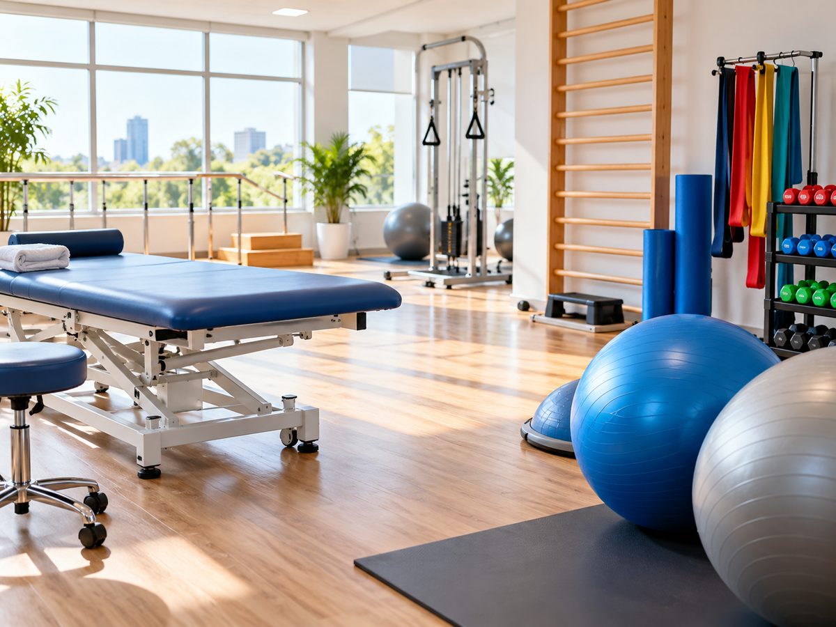 Macas e bolas de fisioterapia na sala de atendimento