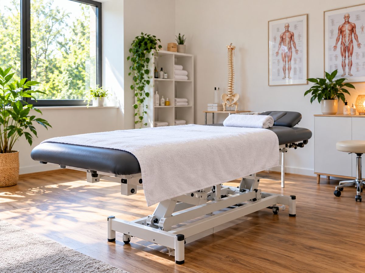 Maca de fisioterapia com modelos anatômicos na parede
