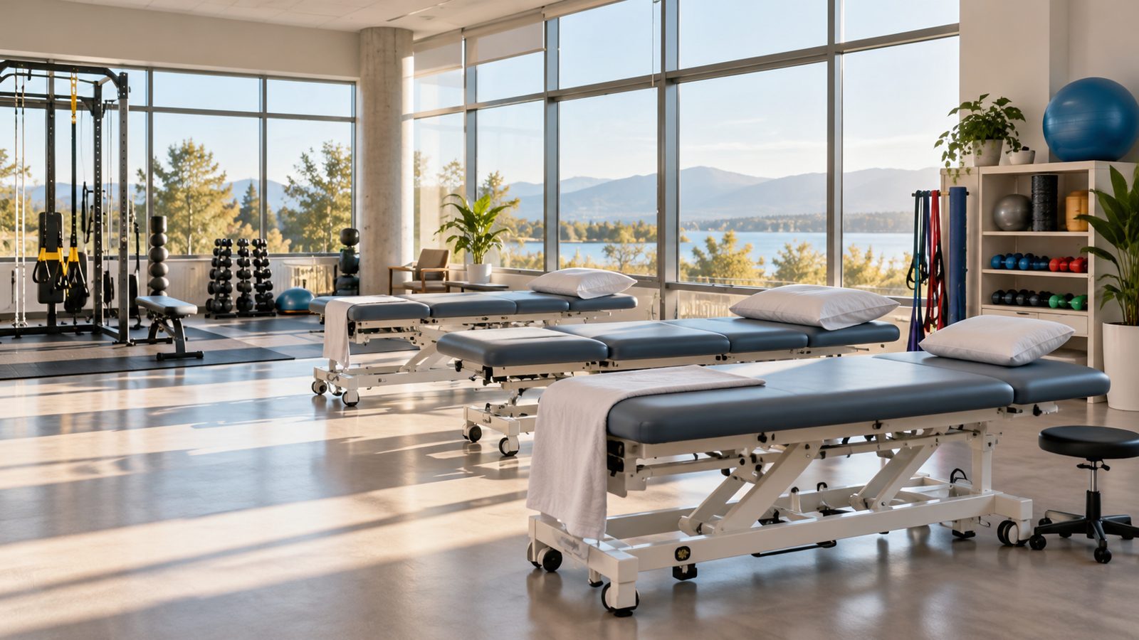 Clínica de fisioterapia ampla com macas e luz natural